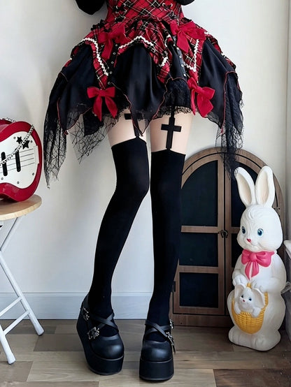 Cross-Patterned Gothic Lolita Over-The-Knee Stockings, Black - Milkcat Studio