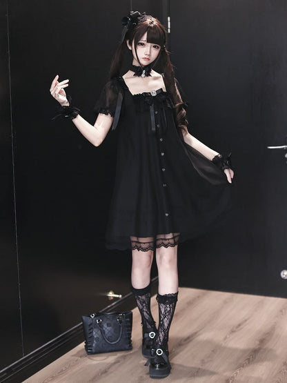 Gothic Square Neck Dress with Bow Accents - Ekomi