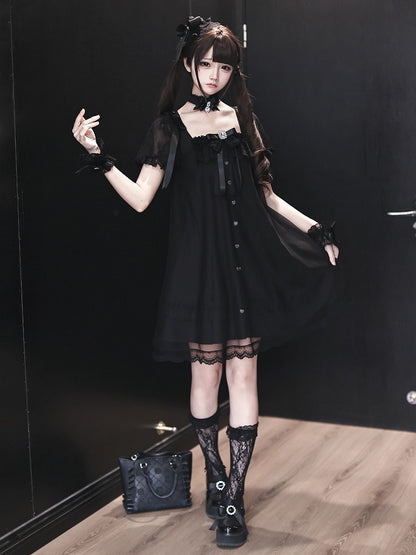 Square-Neck Gothic Dress with Sheer Overlay & Bow Detail - Ekomi