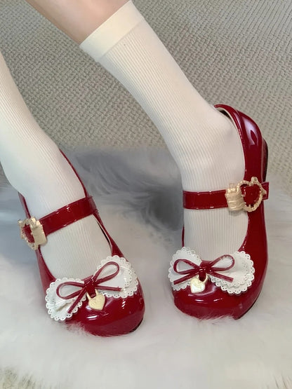 Janes Low-heel Mary Daily Comfortable Multi-layer with Shoes Sweet Red Bows Lolita -
