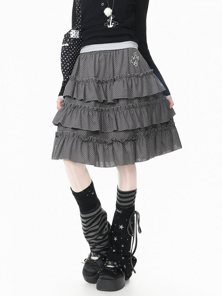 Embroidered Detail Polka Dot Ruffle Tiered Skirt in Gray Hue - Languid Park