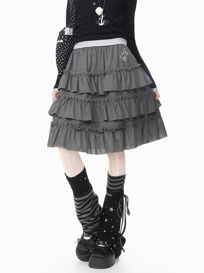 Embroidered Detail Polka Dot Ruffle Tiered Skirt in Gray Hue - Languid Park