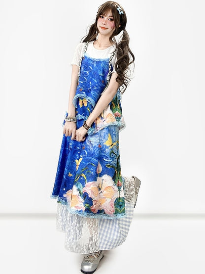 Faux Print Ölblaue Spitze Zweiteiliges Y2K Malkleid