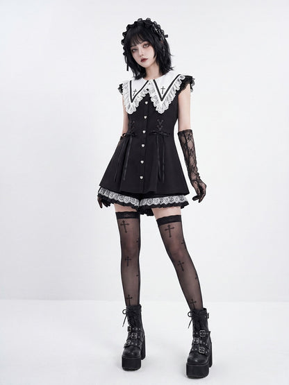 Black Jirai Kei Summer Two-Piece Set with Detachable White Cross Sailor Collar - DevilInspired Exclusive Collection