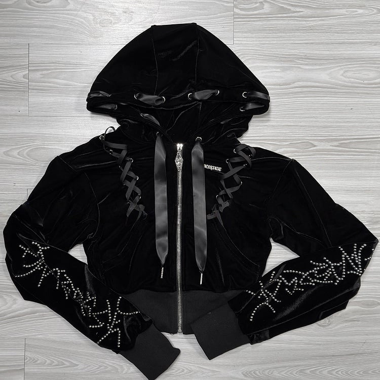 Kei Velvet Black Lace-Up Jirai Stud-Decorated Hoodie Dark