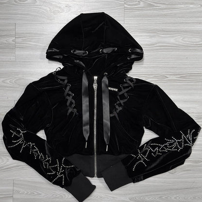 Kei Velvet Black Lace-Up Jirai Stud-Decorated Hoodie Dark