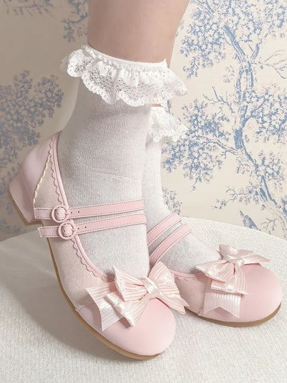 Round Pink Shoes Leather Double Buckle Style Bow for PU with Elegant Design Toe - Lolita