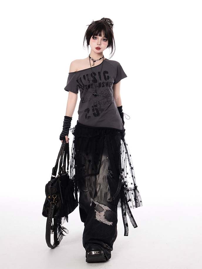 Y2K Letter Print White/Gray Asymmetrical Neckline T-shirt