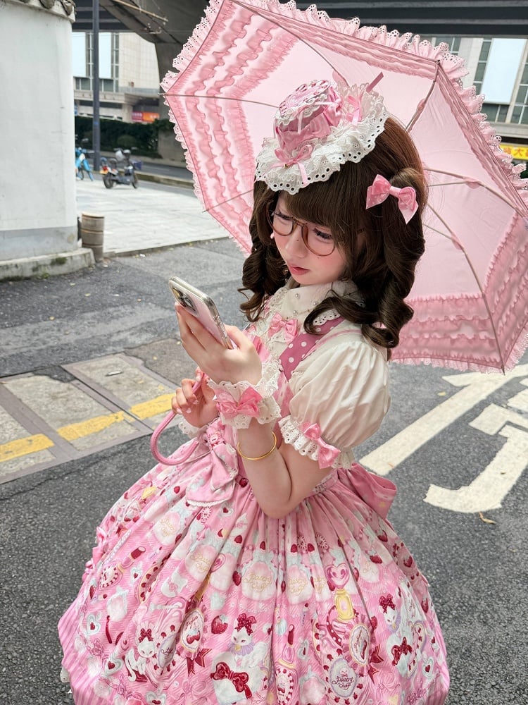 Rose Sweet Lolita Halter Neck JSK Dress with Cosmetics and Cat Print - Pastry Chef