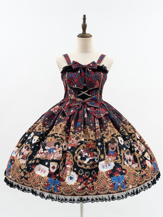 Lolita Trim Details Dress with Sweet Bear Black Lace Red Bow Print Plaid and
