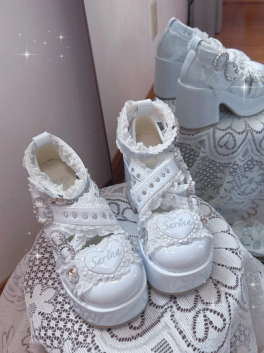 Details Plateau Strass Riemen Jirai Spitze Criss-Cross Kei mit Heels: Kaiwai Hellblau Schnalle Tenshi