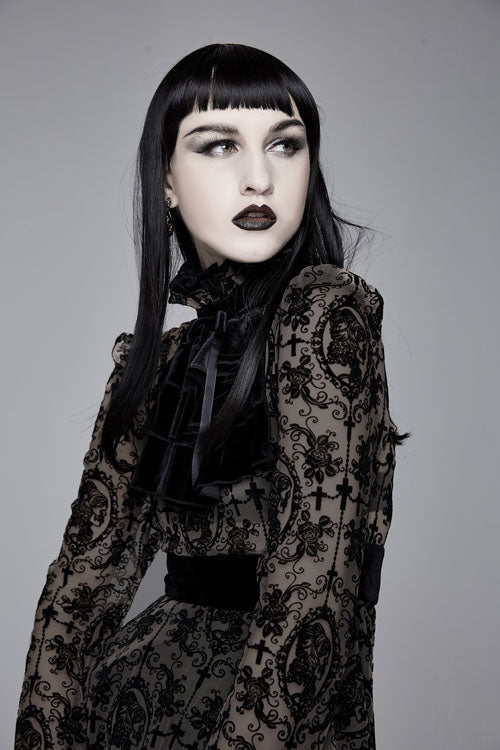 Black Floral Flocked Print Long Sleeves Velvet Tie Women's Gothic Dress