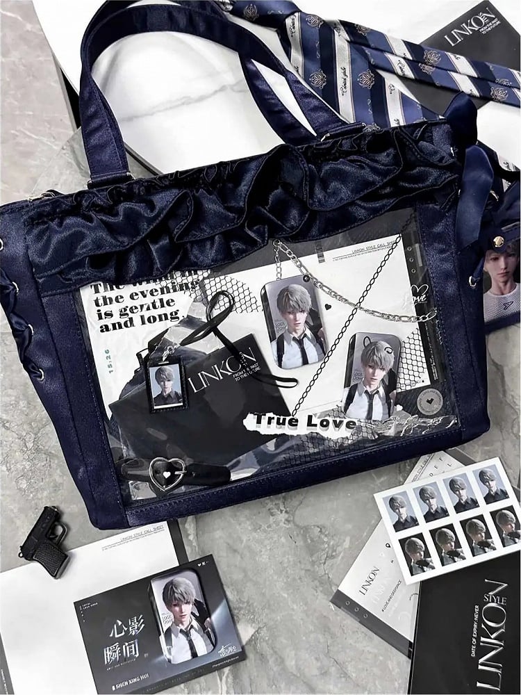 Trims Holder Bag Ita Bow Card Dark Satin Self-tie Straps Ruffle With Blue