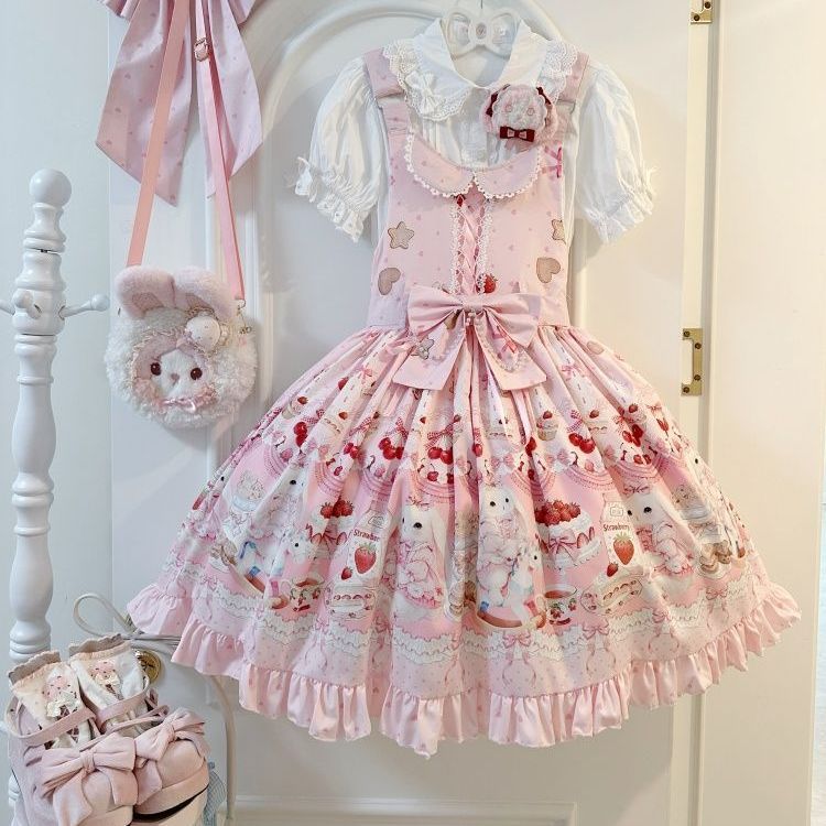 Lolita Sweet Berry Bunny Strawberry JSK Suspender Dress