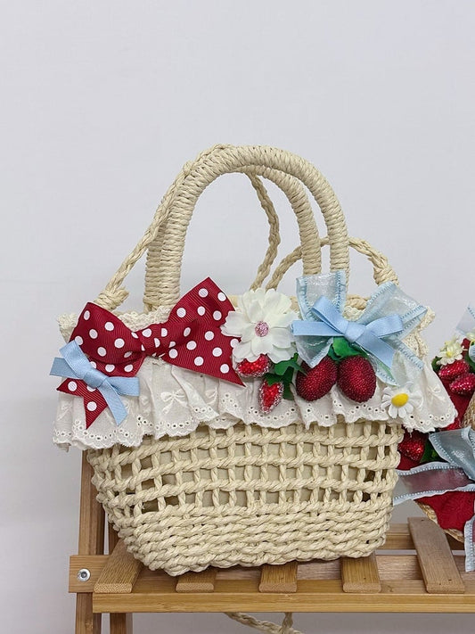 Straw Decorations Strawberry Bow Lace Cottagecore Bag Blue Tote Details With