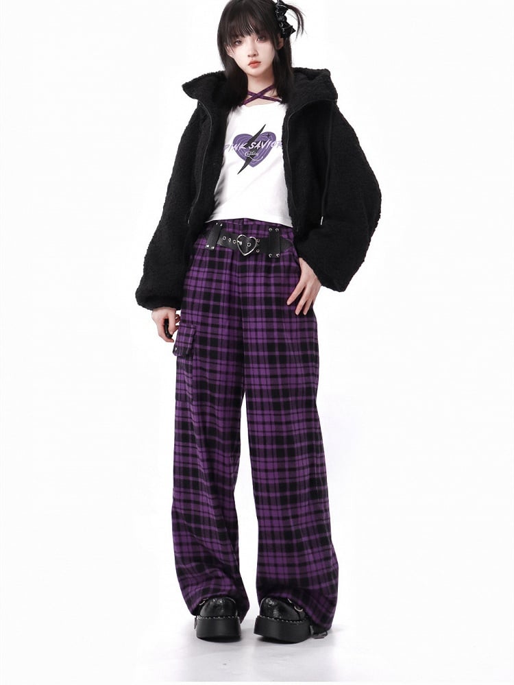 Purple Plaid Pants Heart Buckle Pattern Trendy - PINK SAVIOR