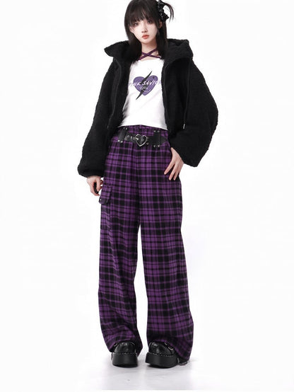 Purple Plaid Pants Heart Buckle Pattern Trendy - PINK SAVIOR