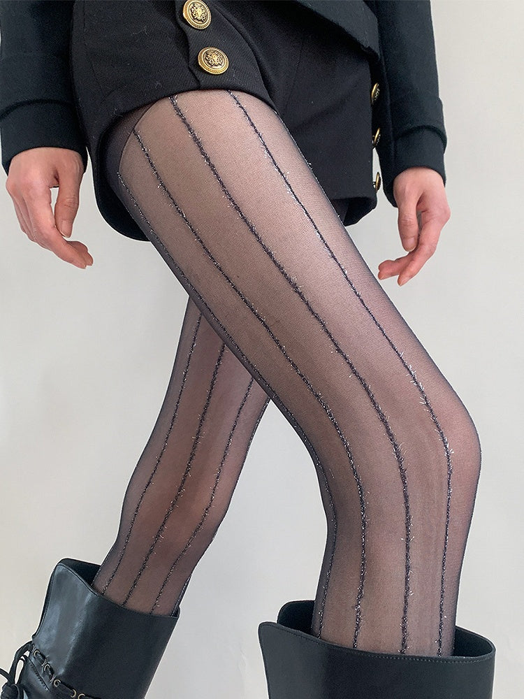 Sheer Glittering Stripe Thread Pantyhose Vertical Silver
