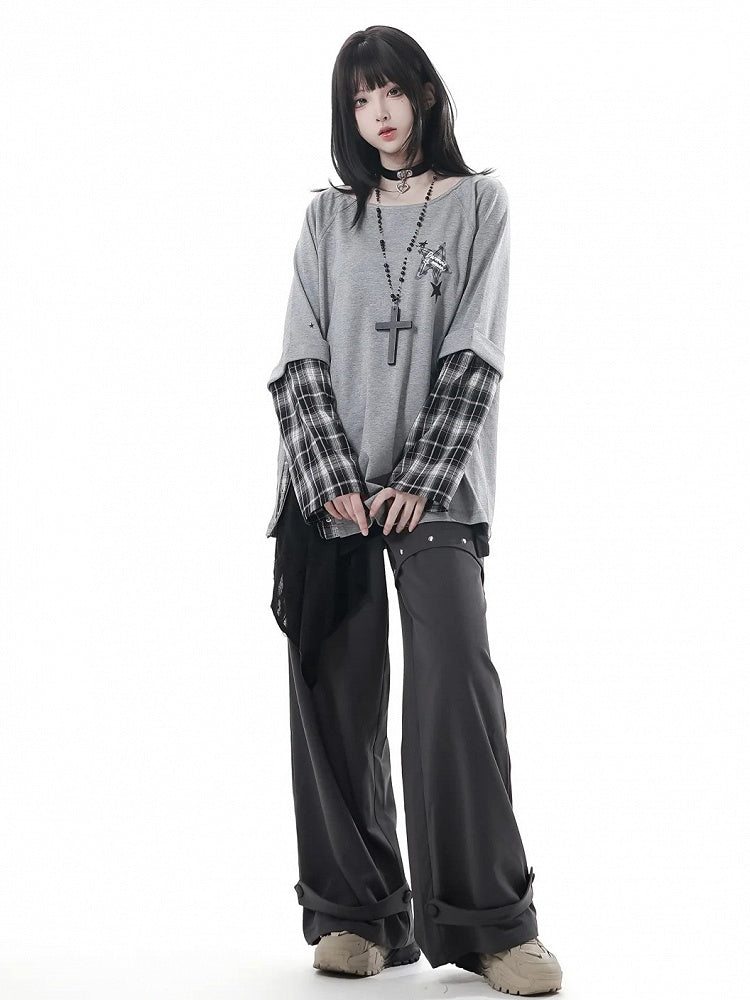 Studs with Pants Gray Metal Loose Straight-Leg