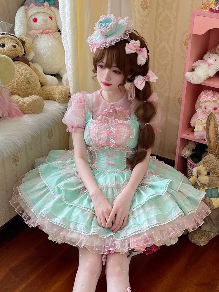 Lolita Dress Sweet Polka-dot Green Pink Heart Pattern Ruffled Heart Front Mint