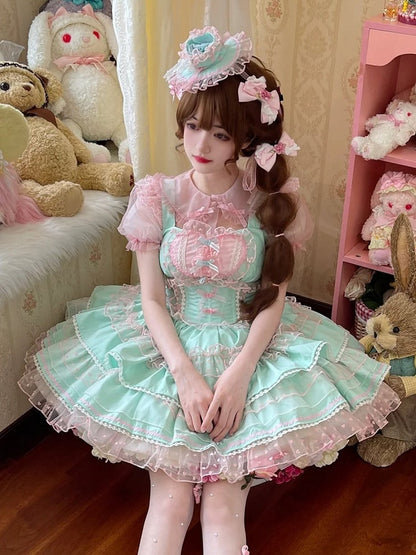 Lolita Dress Sweet Polka-dot Green Pink Heart Pattern Ruffled Heart Front Mint