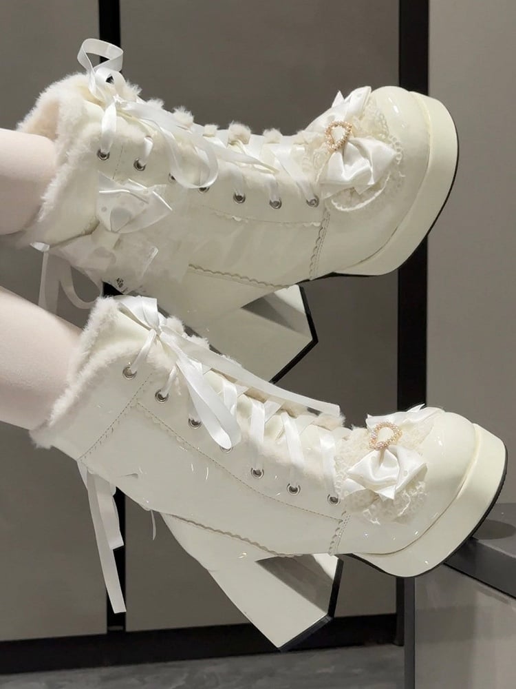 White 8CM High Heel Winter Boots with Front Lace-Up, Lace & Heart Accents - Witch's Night