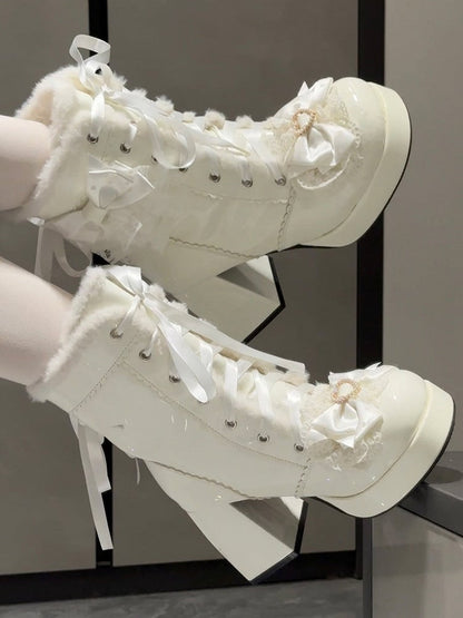 White 8CM High Heel Winter Boots with Front Lace-Up, Lace & Heart Accents - Witch's Night