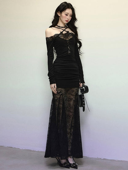 Black Lace Patchwork Mermaid Skirt Cross-strap Halter Maxi Dress Evening Gown