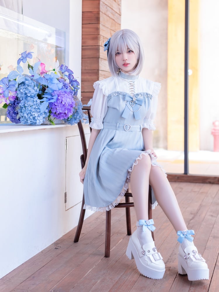 Kei Dress with Detachable Lace Trim Jirai Bow Kaiwai Neckline Design Tenshi Blue Striped Criss-cross