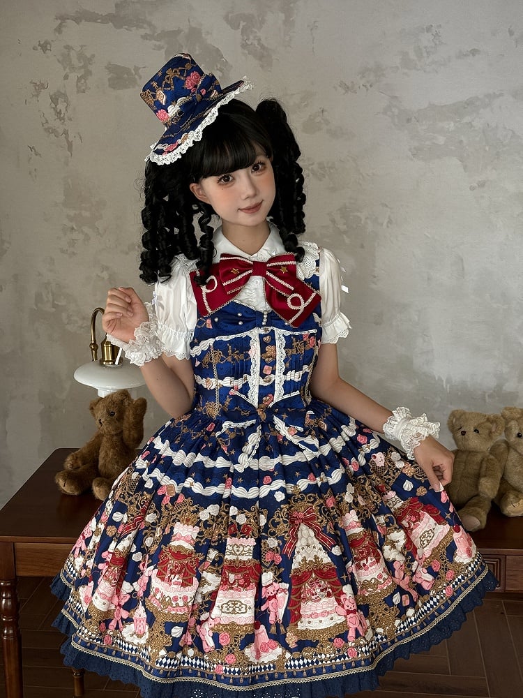 Lolita and Print Dress Details Sweet Bow Lace JSK Cake Blue Bear with Trim Dark