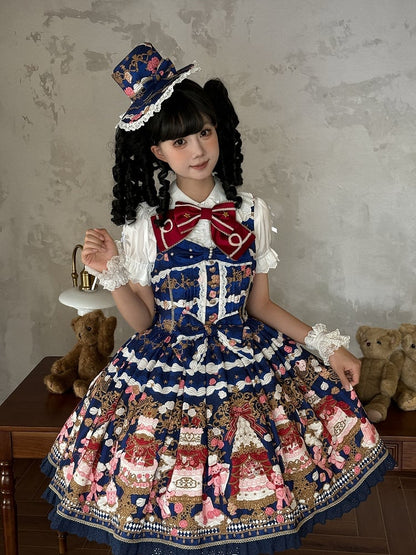 Lolita and Print Dress Details Sweet Bow Lace JSK Cake Blue Bear with Trim Dark