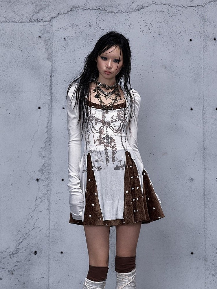 Cross with Brown Punk Vintage Subtle Dress Print Chain Sleeves Beige Puff