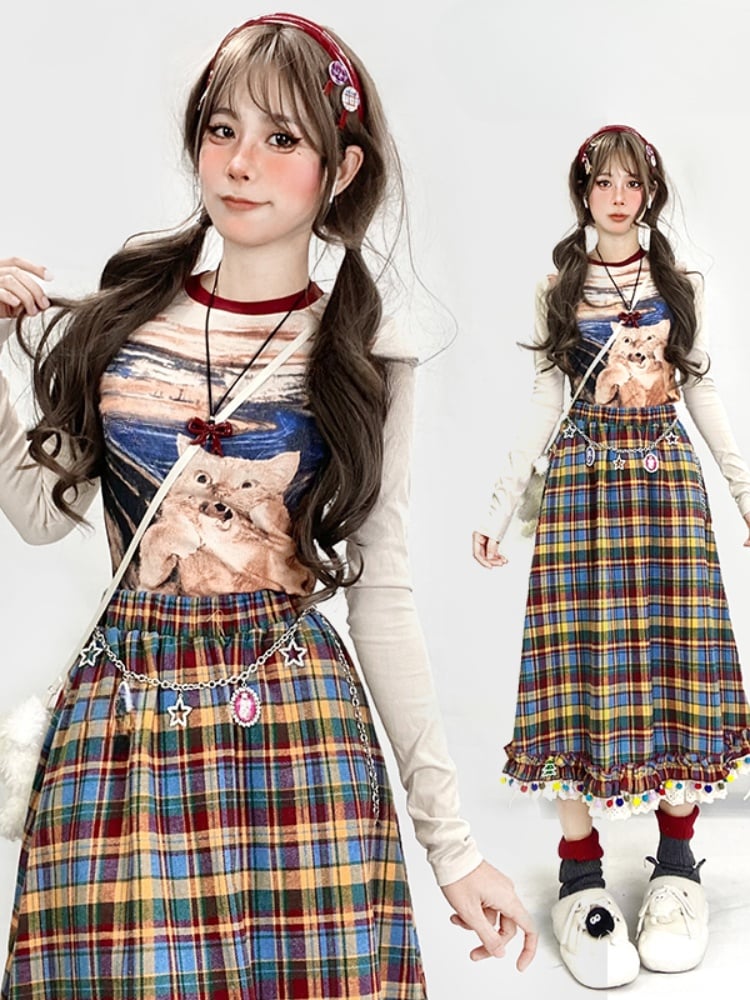 Apricot Round Neck Cat Oil Painting Glamorous Slim-fitting Top