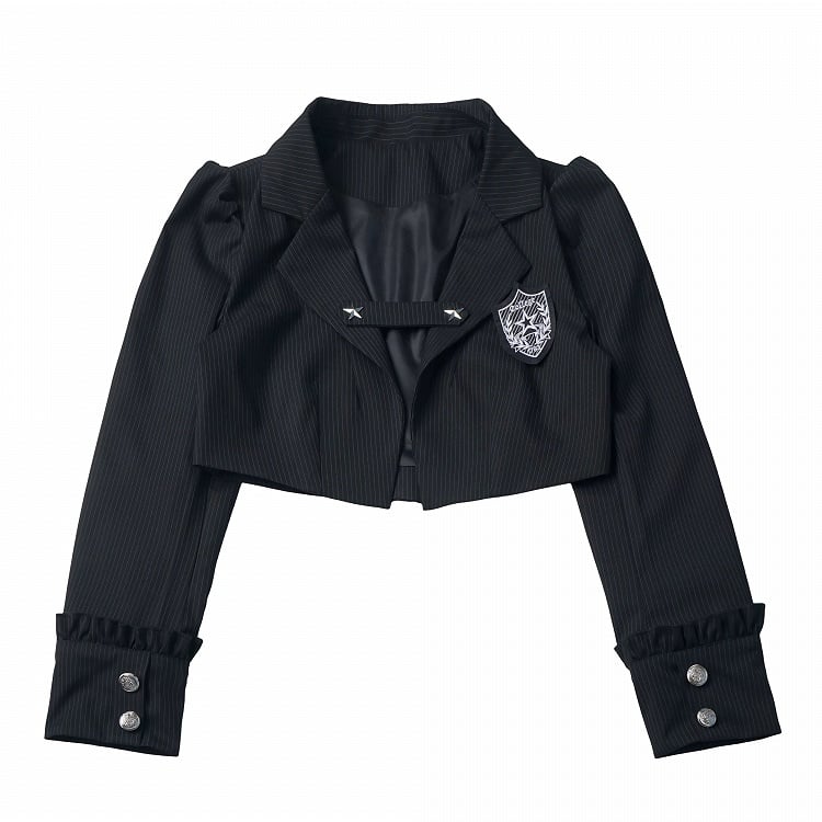Preppy Striped Black Puff Sleeve Cropped Blazer - PINK SAVIOR