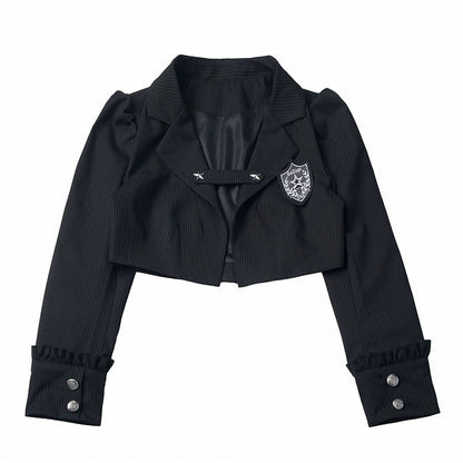 Preppy Striped Black Puff Sleeve Cropped Blazer - PINK SAVIOR