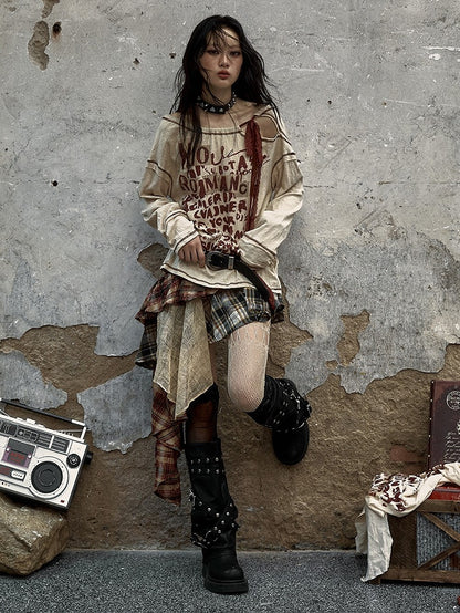 Patchwork Skirt Green with Studded Punk Belt Plaid Military Denim