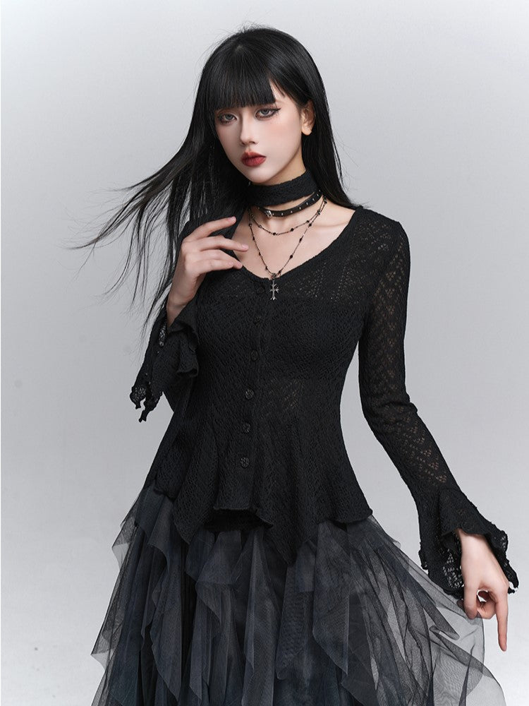 Hem Gothic Neck Irregular Strap with Cardigan Black Knit