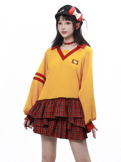 Waffle Knit Yellow and Red Long-Sleeved Top with Asymmetrical Plaid Hem - PINK SAVIOR