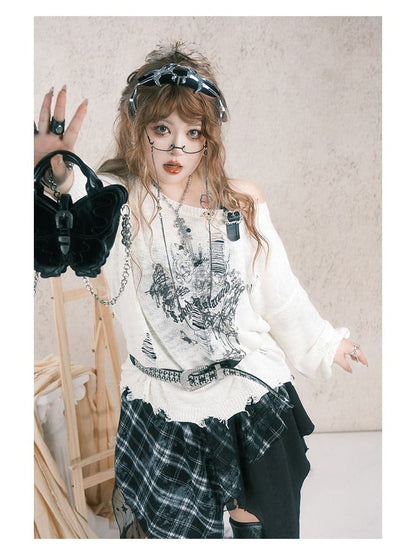 Top Plus Distressed Knit Print Butterfly White with Size Details Asymmetrical Neck