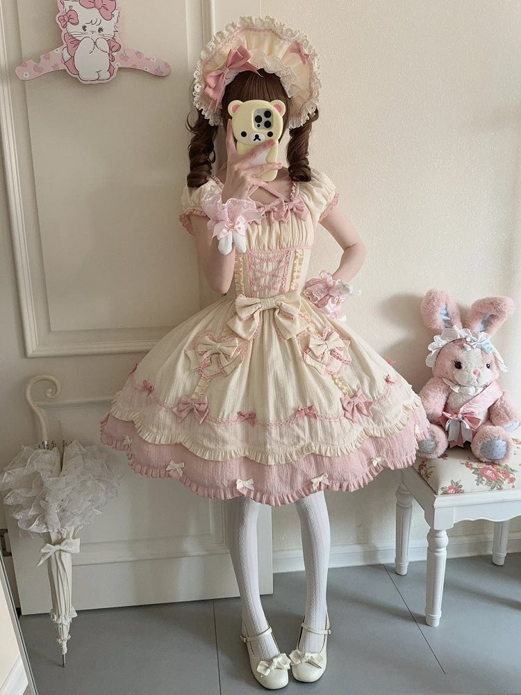 Scalloped Edge Scool Lolita Cotton Yellow Skirt Accents Pink Dress and Bow Old Trim