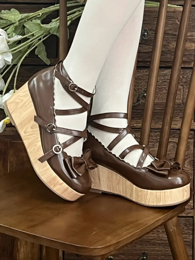 at Bow Design PU - Brown Top Platforms Crisscross Wedge