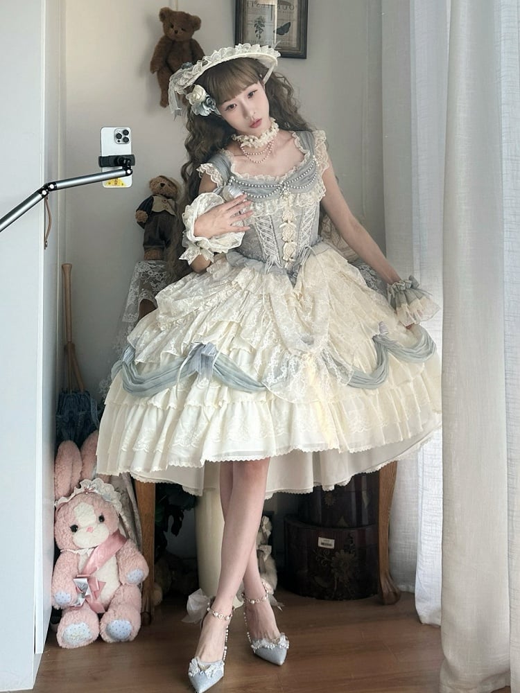 ダスティブルーのコルセットウエスト花嫁プリンセスロリータハイローレイヤードヘムドレスショートバージョン