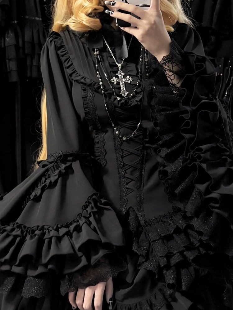 Black Lolita Shirt Sleeves Layered Gorgeous Bell All Long Gothic Kuro