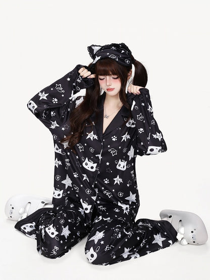 Kawaii Kitty and Star Print Two-Piece Loungewear Set in Black - CRAZY GIRL