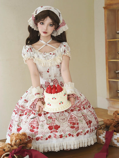 Teddy Lolita White Print Cherry Dress Sweet and Gingham Red
