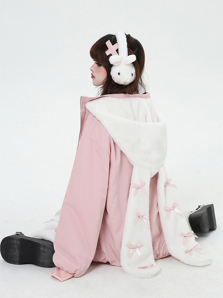 Print Ear Jacket with Hood Detachable Graffiti Thick Bunny Pink