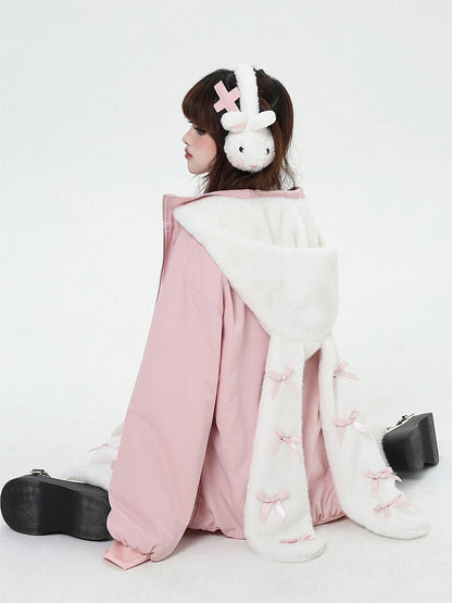Print Ear Jacket with Hood Detachable Graffiti Thick Bunny Pink