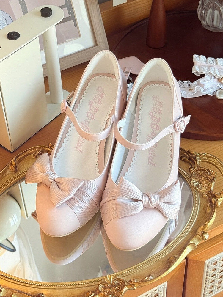 PU Pink Elegant Lolita Mary Janes - Mid-heel Design with Bow Accent & Heart Snap Closure