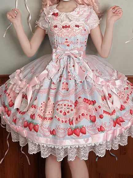 and Dress Print Sweet Jumper Strawberry Blue Skirt Cute Cake Lolita