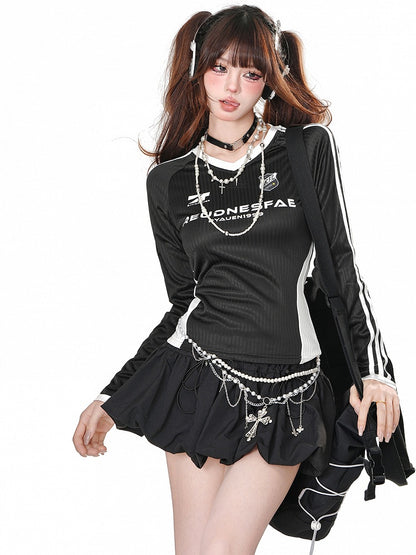 Pink/Black/Navy Blue Letters Print V-neck Striped Sports Top